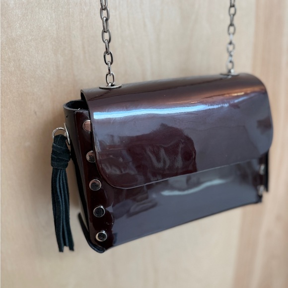 Prune Oxblood Patent Leather Crossbody Bag with Silver Chain and Grommets - Picture 5 of 10